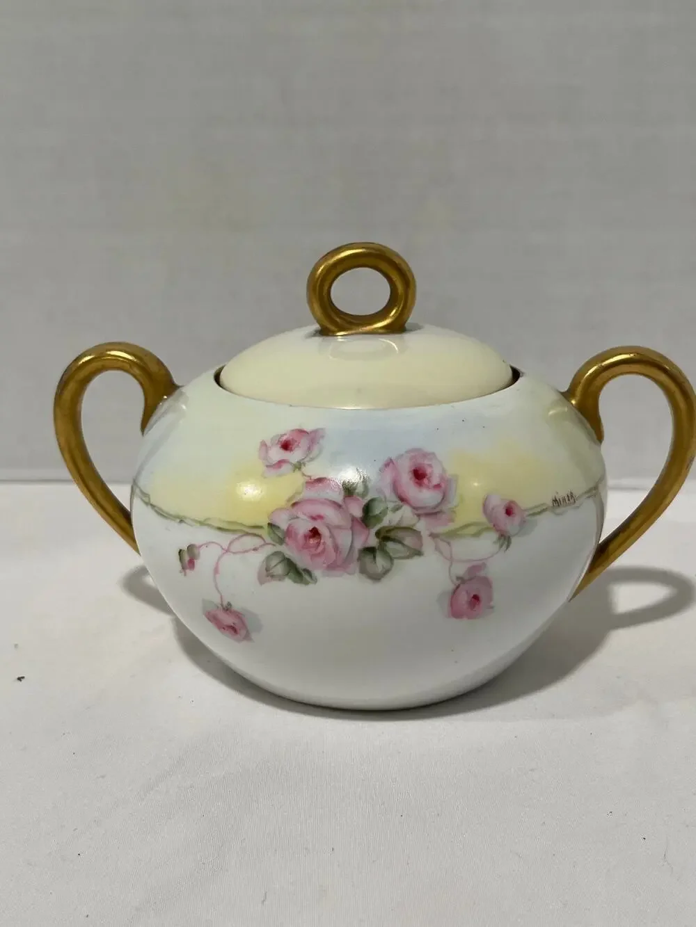 Bavaria Porcelain Sugar Bowl Pink Roses Gold Gilt Signed Mina Antique